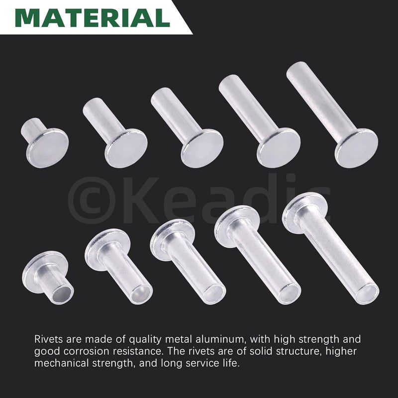 Keadic 151Pcs M6 Aluminum Flat Head Semi-Tubular Rivets Assortment Set, M6 x 8/16/20/25/30mm Silver Tone Metal Stud Fasteners for Leather Household Automobile Industry - Image 3